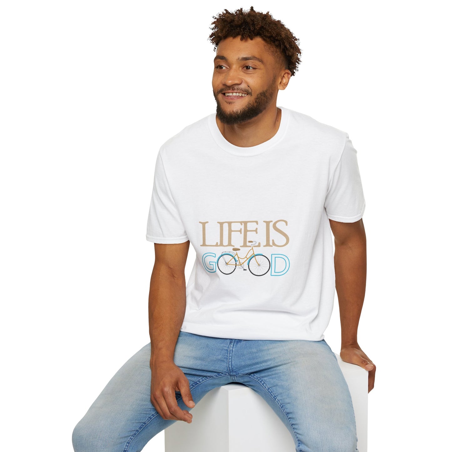 Life is Good Unisex Softstyle T-Shirt, Positive Vibe Tee, Gift for Cyclists, Everyday Wear, Motivational Graphic Shirt