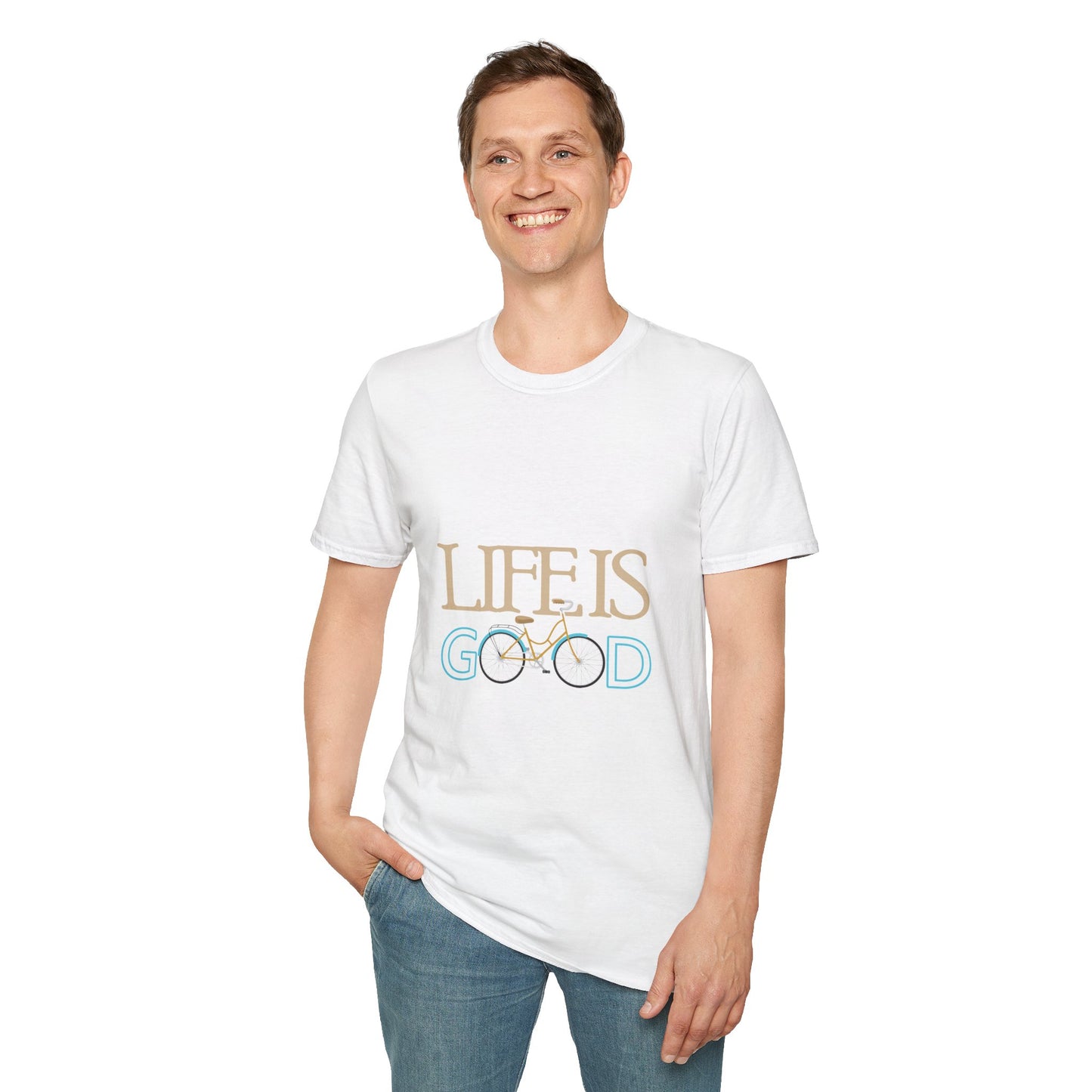 Life is Good Unisex Softstyle T-Shirt, Positive Vibe Tee, Gift for Cyclists, Everyday Wear, Motivational Graphic Shirt
